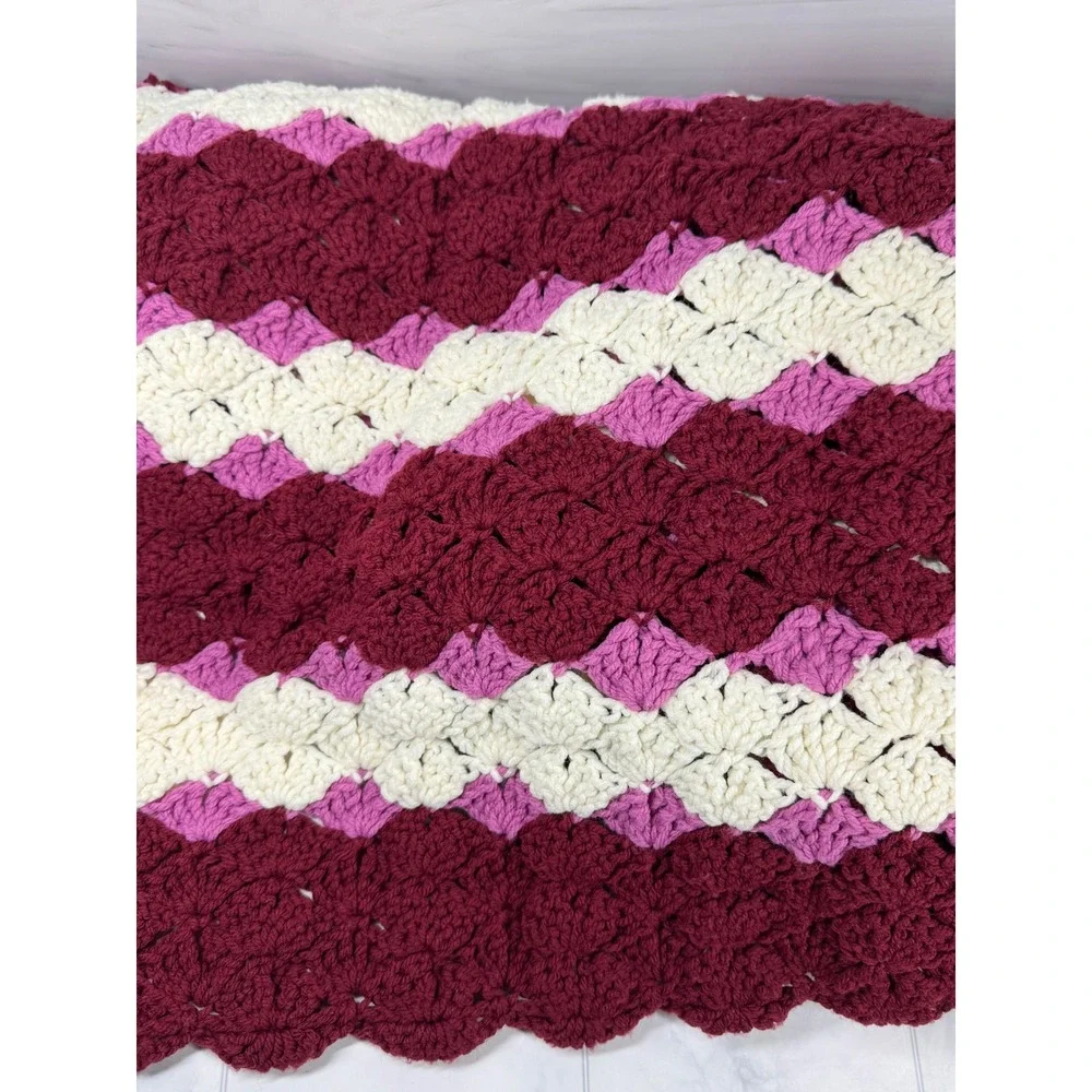 Handmade Crochet Shell Stitch Blanket Burgundy Pink Cream Scalloped Throw 60x50